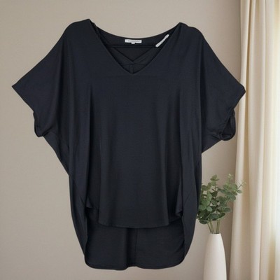 Lush Black High Low Tunic Blouse Oversized V Neck Short Sleeve Medium