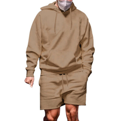 2PC Mens Long Sleeve Hoodie+Shorts Casual Baggy Solid Outfit