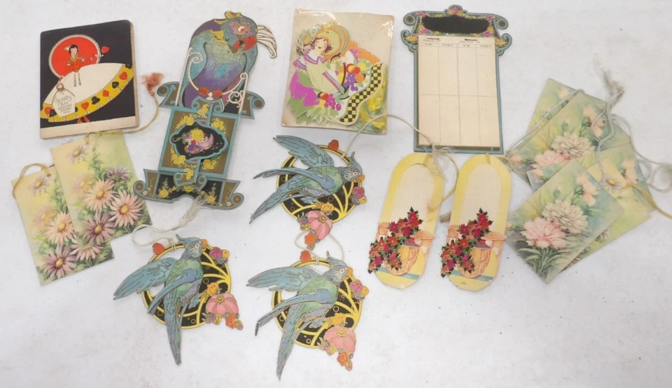 Lot Vintage Tallie Tally Bridge Cards - Art Deco Parrots Floral - Image 2 of 3