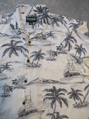 Outdoor Life Rayon Hawaiian Camp Shirt Mens Large Blue White Boat Palm Guayabera