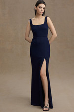 $220 BHLDN Ashlynn Square Neck Side Slit Crepe Gown in Navy 2 NEW B973