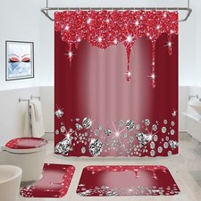 4 Pcs Glitter Diamond Shower Curtain Sets, Burgundy Shiny Drips Bath Decor wi...