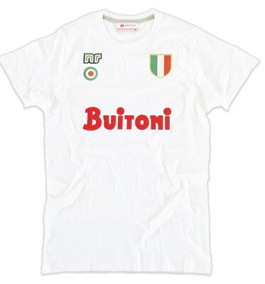 Weißes T-Shirt NAPOLI 80er Jahre Abzeichen MARADONA 10 Buitoni rot 87 Baumwolle away