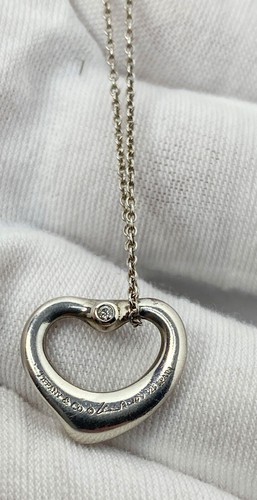 Tiffany & Co. Elsa Peretti Silber offenes Herz kleiner Anhänger Diamant Halskette 16" - Bild 5 von 18