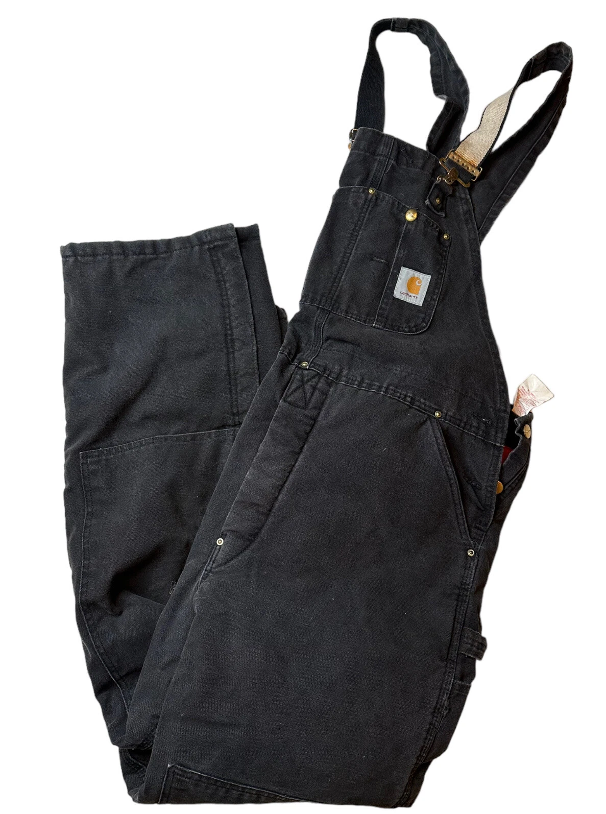 VTG Carhartt USA Distressed Double Knee Black Duck Canvas Overalls Lined 42x32