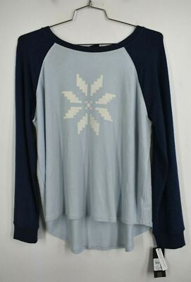 Free Press Womens Raglan Hacci Long Sleeve Sweater Curved Hem Blue Snowflake XL