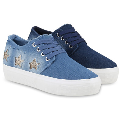 Damen Denim Plateau Sneaker Metallic Sterne Glitzer Used Look