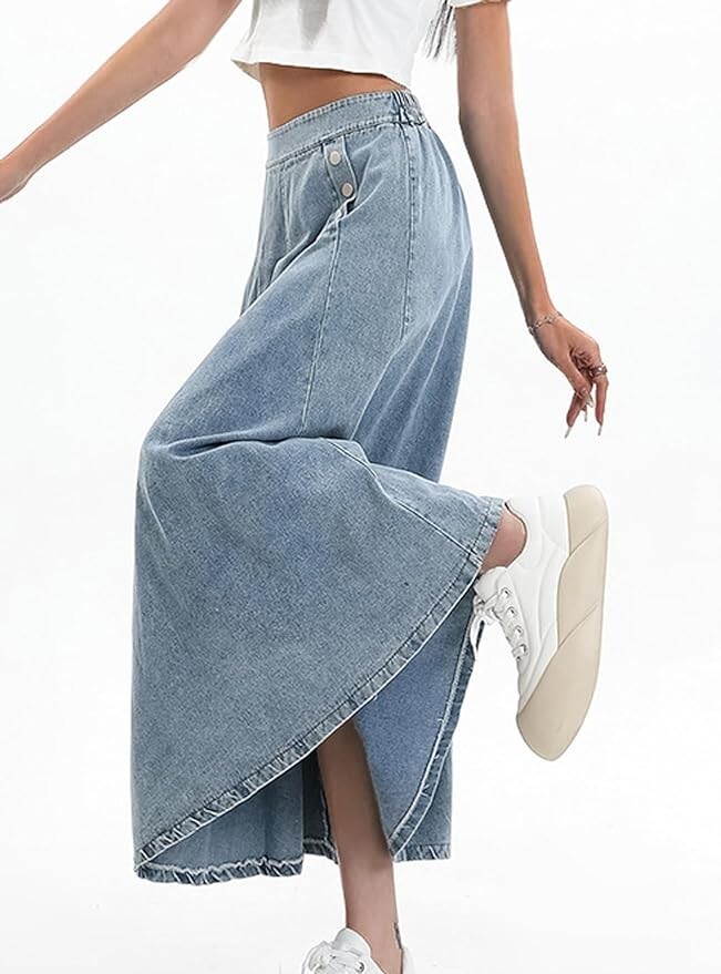 Women Pleated Denim Skirt Long Jean Skirt Flowy Elastic