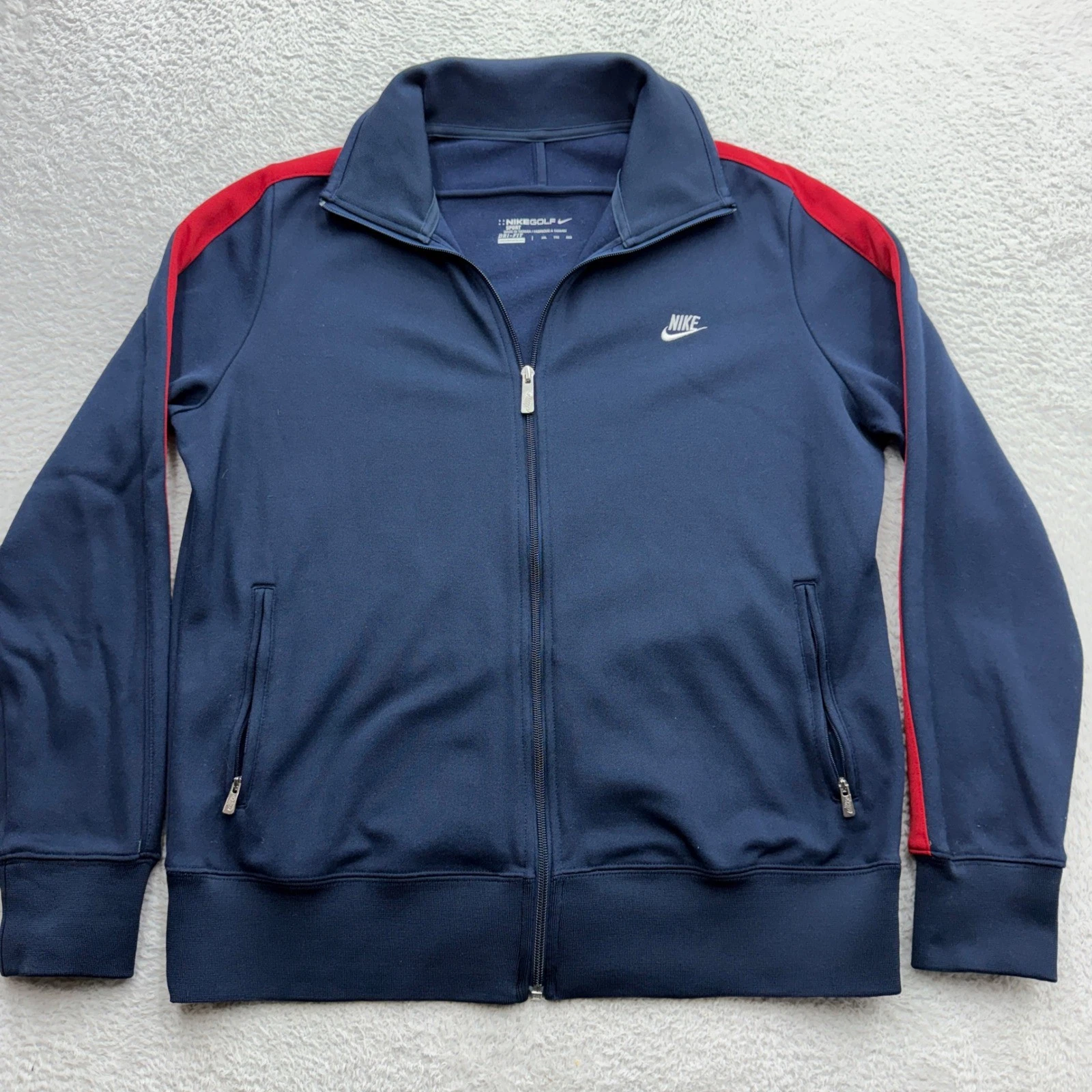 Nike Golf Mens XXL Dri-FIT Track Jacket Navy Blue Red Stripe Full Zip Sportswear