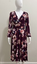 Eliza J Purple Floral Stretch Faux Wrap Long Sleeve Fit & Flare Midi Dress Sz 6