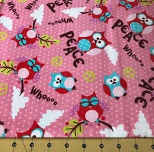 Owls Peace on Pink Flannel Fabric Sold By The Yard 2194