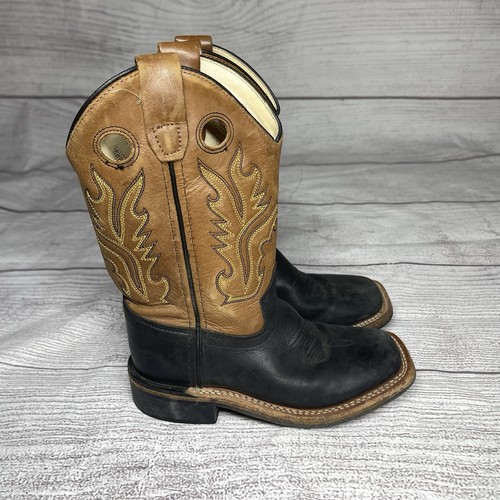 Old West Kids 12D Leather Square Toe Brown/Black Western Boots
