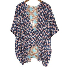 NEW Umgee Mixed Print Blue Peach Boho Flowy Relaxed Kimono Size Large