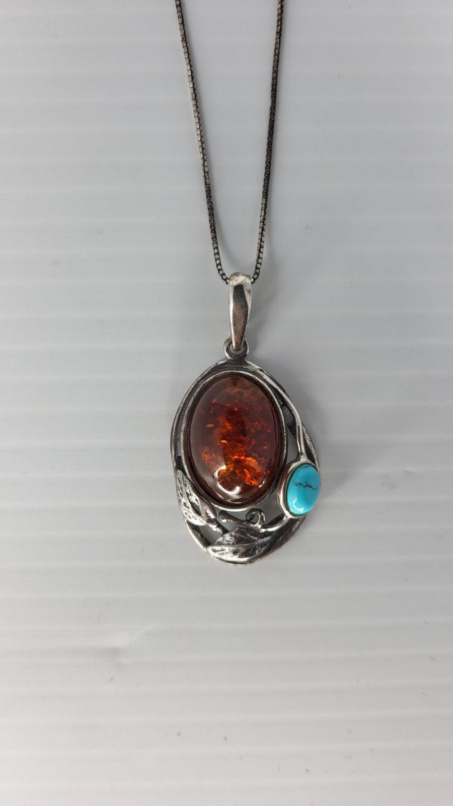 Vintage Sterling Silver 925 Stamped  Amber Stone Designer Style Pendant