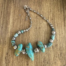 Native American Turquoise Silver Beaded Necklace, Adjustable