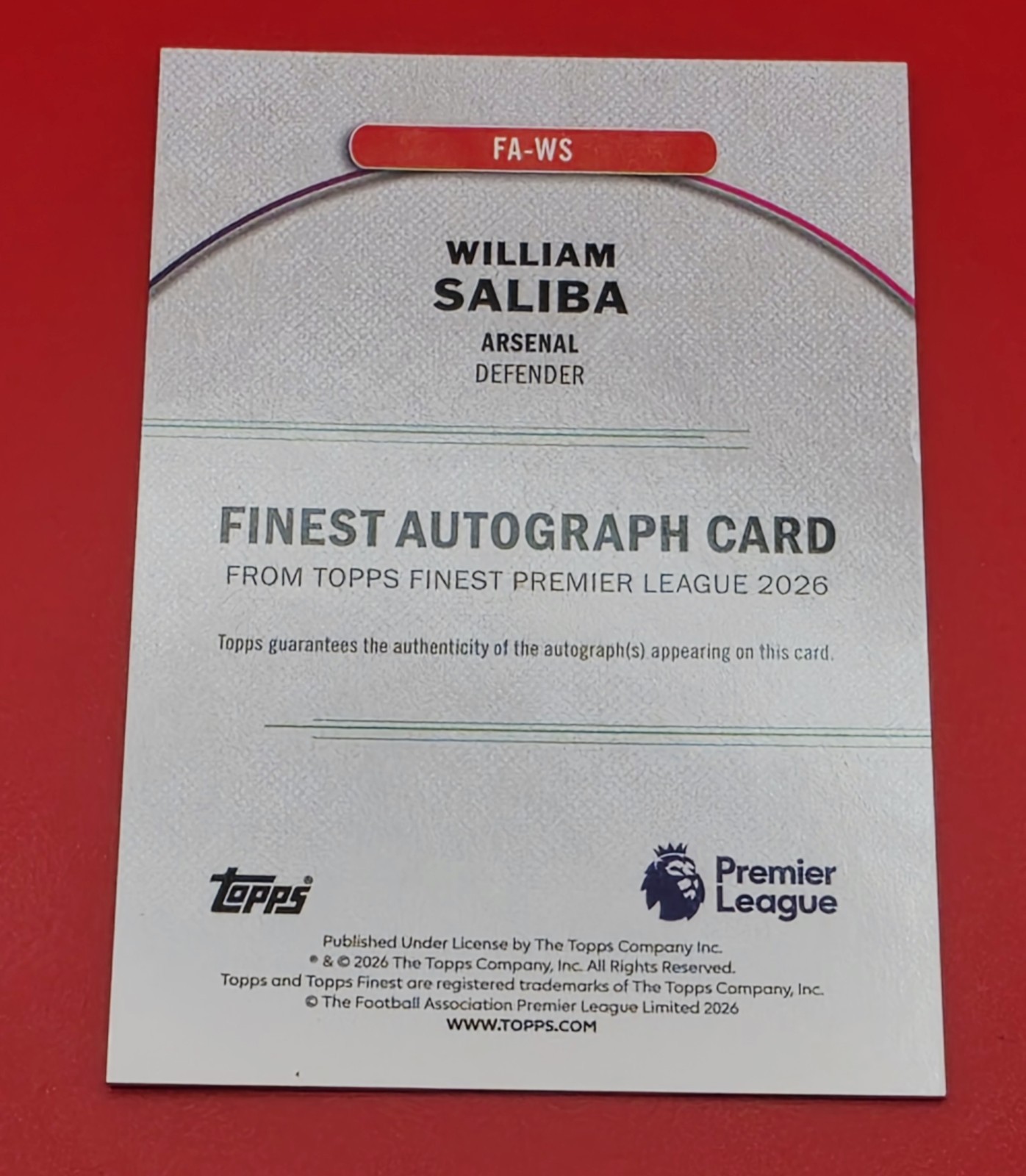 2025-26 Topps Finest Premier League Arsenal William Saliba Auto /75 view 3