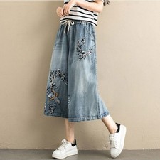 Lady Embroidered Capri Pants Denim Ethnic Trousers Wide-leg Culottes Jeans Loose