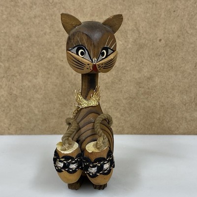 Vintage MCM Wooden Bobblehead Cat Playing Bongo Drums 4.5  Made In Japan - READ