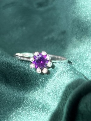 VTG Sterling Silver Amethyst Round Stone Ring, 8 Facets, Large Size 9 3 Grams