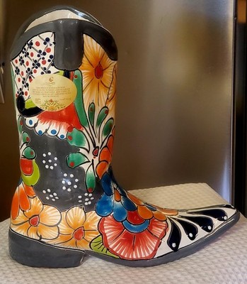Castillo Family Talavera Boot Mexican Masonry Art  Planter -Floral Design 12''