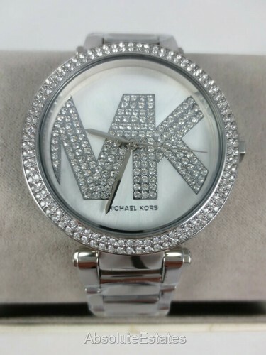 NEW Michael Kors Parker Silver Crystal Glitz Logo Watch