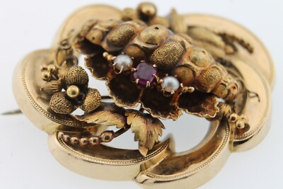 Brosche Schaumgold 585 Gelbgold  ''Jardin d`or''  Biedermeier, Rubin und Perlen