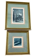 Pair Of ERNST GEISSENDORFER Original Etchings Grayscale Rothenburg Framed Matted