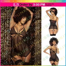 Sexy Lingeire Mesh Babydoll Cutout Underboob Detail & G-String Set Black Women's