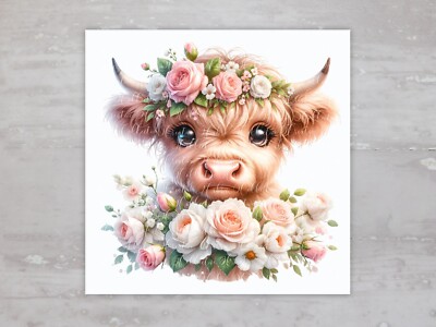 Highland Cow With Roses Square Fabric Panel Quilt Craft Sewing Quilt Block A38