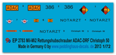 Peddinghaus-Decals 1/72 2783 Mil-Mi 2 ADAC -DRF Rettungshubschrauber Christoph 5