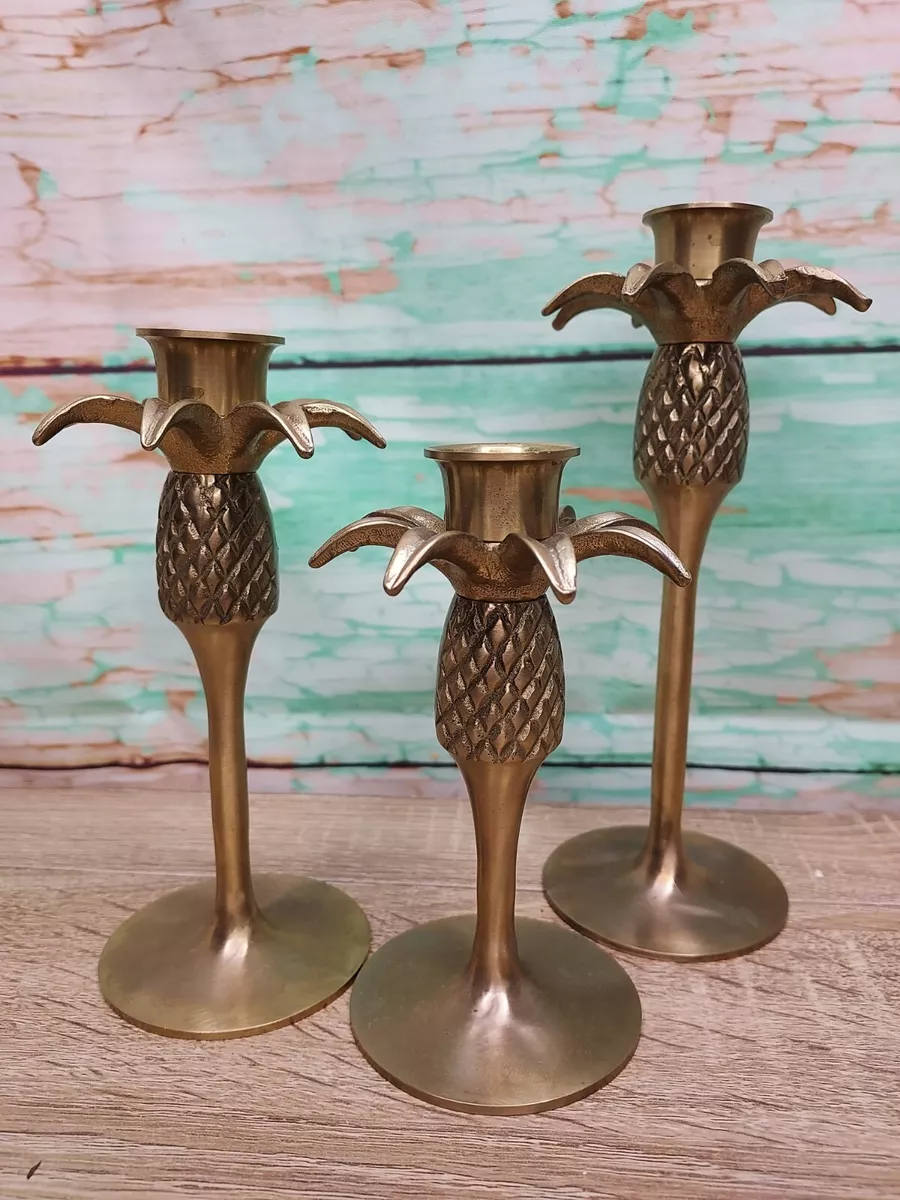 Solid Brass Pineapple Tapered Candlestick Holders Graduated Set of 3  Vintage