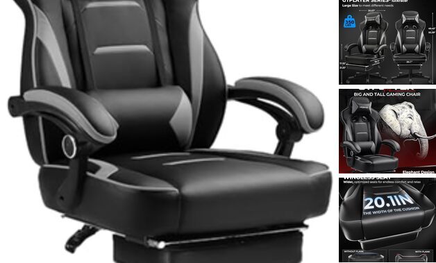 GTPLAYER Gaming Chair with Footrest, Big and Tall Game Chair 350lb Racing Grey-image