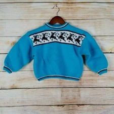 Vintage Handknitted Toddler Sweater Reindeer Blue 80s 90s Handmade Boys Girls