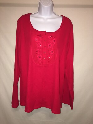 Faded glory women's juniors plus 3X 23-25 Red Henley long sleeve shirt w/flower