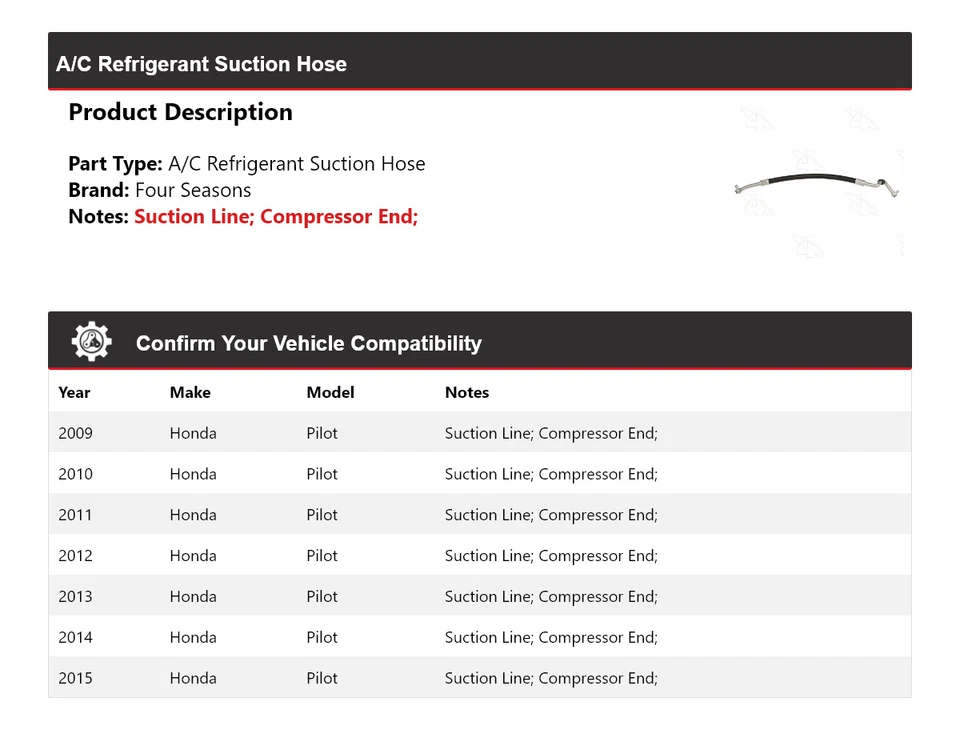 Manguera de succión de refrigerante aire acondicionado Honda Pilot 2009-2015 4 estaciones 2010 2011 2012 Foto 2 de 4