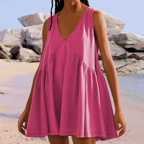 Womens Summer Sleeveless Mini Dress Casual Loose V Neck Sundress Babydoll Dress - Picture 7 of 16