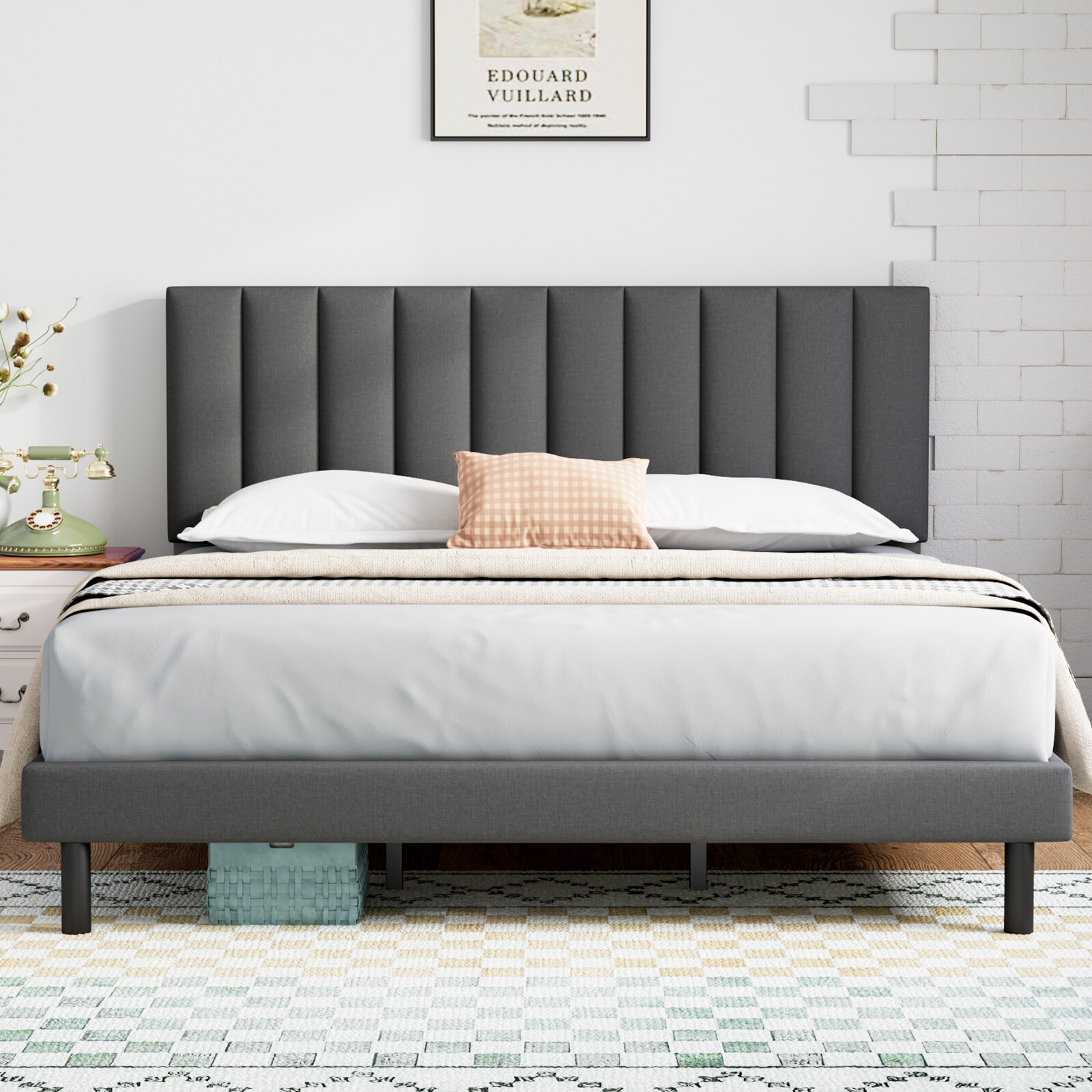 Full Queen King Size Bed Frame with Headboard,Easy Assembly Wooden Slats Support