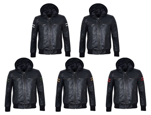Mens Hooded Leather Jacket Black 
