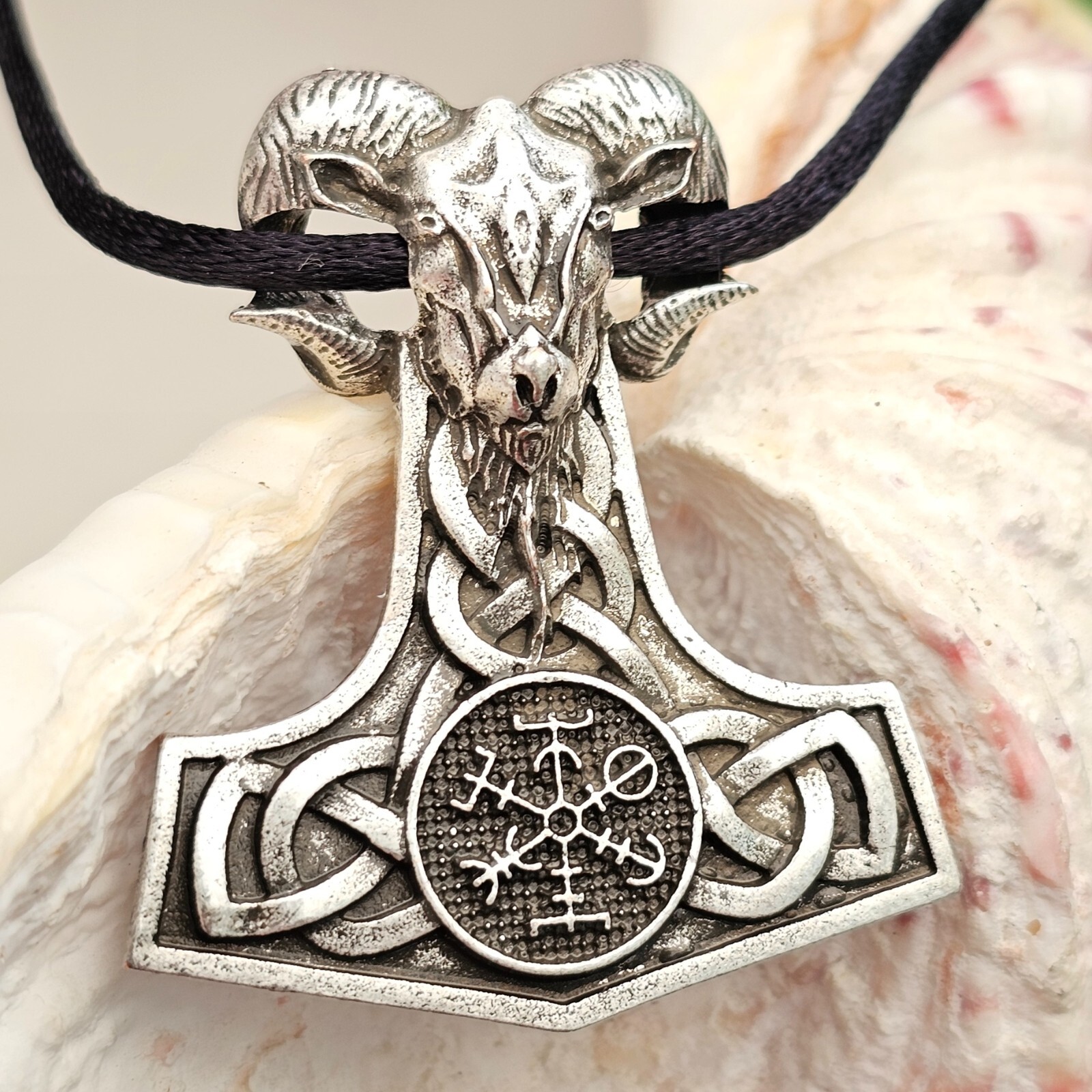 Odins Ram Pendant Thors Hammer Vegvisir Wayfinder Valknut Cord Necklace & Boxed