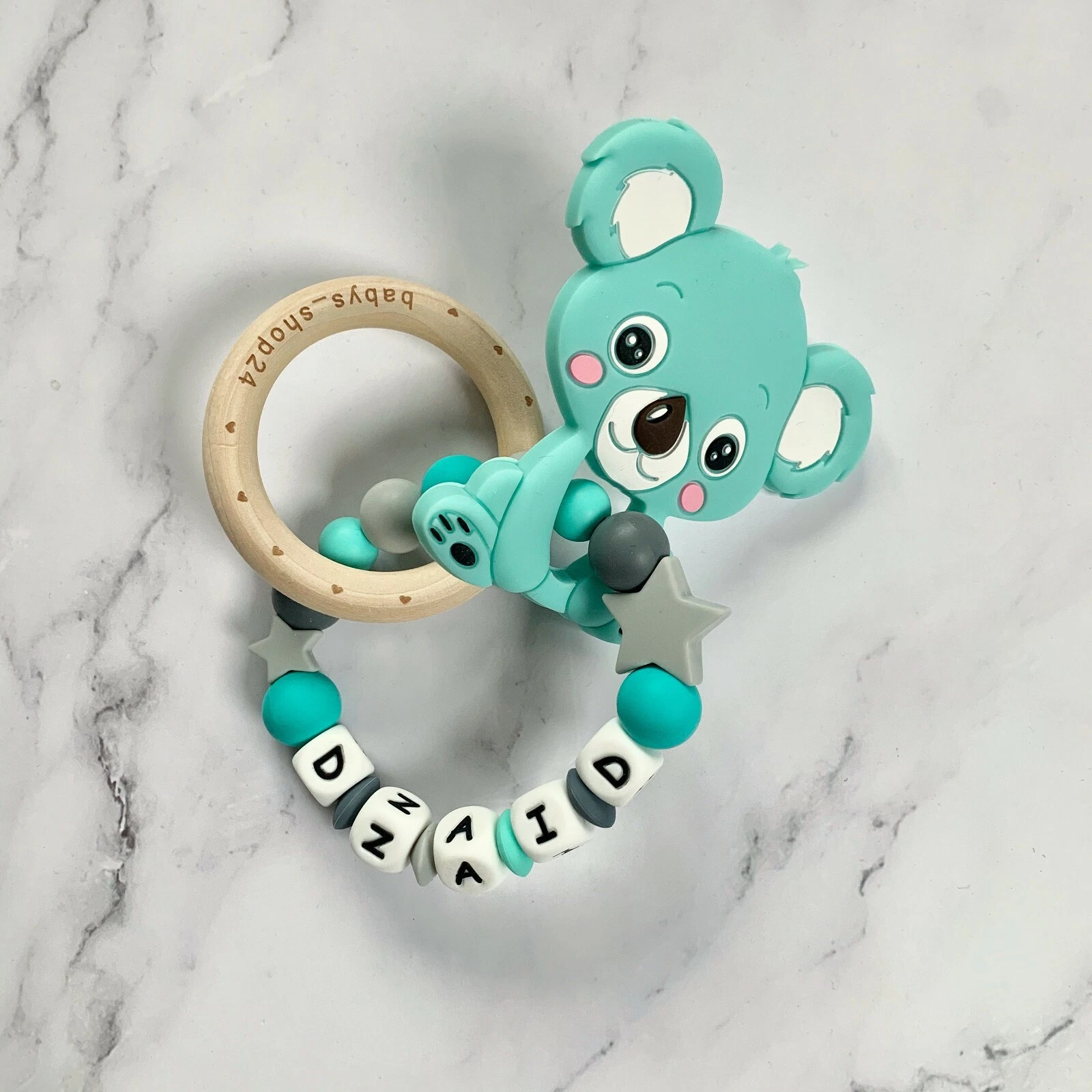 Teething Ring Gripping Grasping Toy with Name Silicone Koala Turquoise Grey Boy