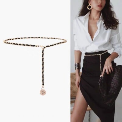 The Limited Black Leather Gold Chain Belt Coin Charm 39.5” Designer Inspired The Coins Chain Belt main image 2