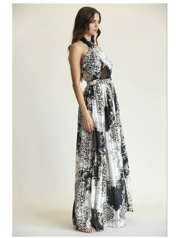 Elegant Multi-Color Leopard Print Gold Detailed Textured Halter Cross Maxi  Dress