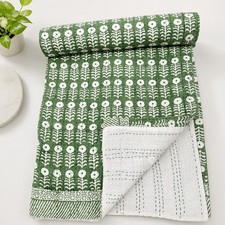 Block Print Bedding Quilt King Size Handmade Cotton Bedspread 90x108, Green