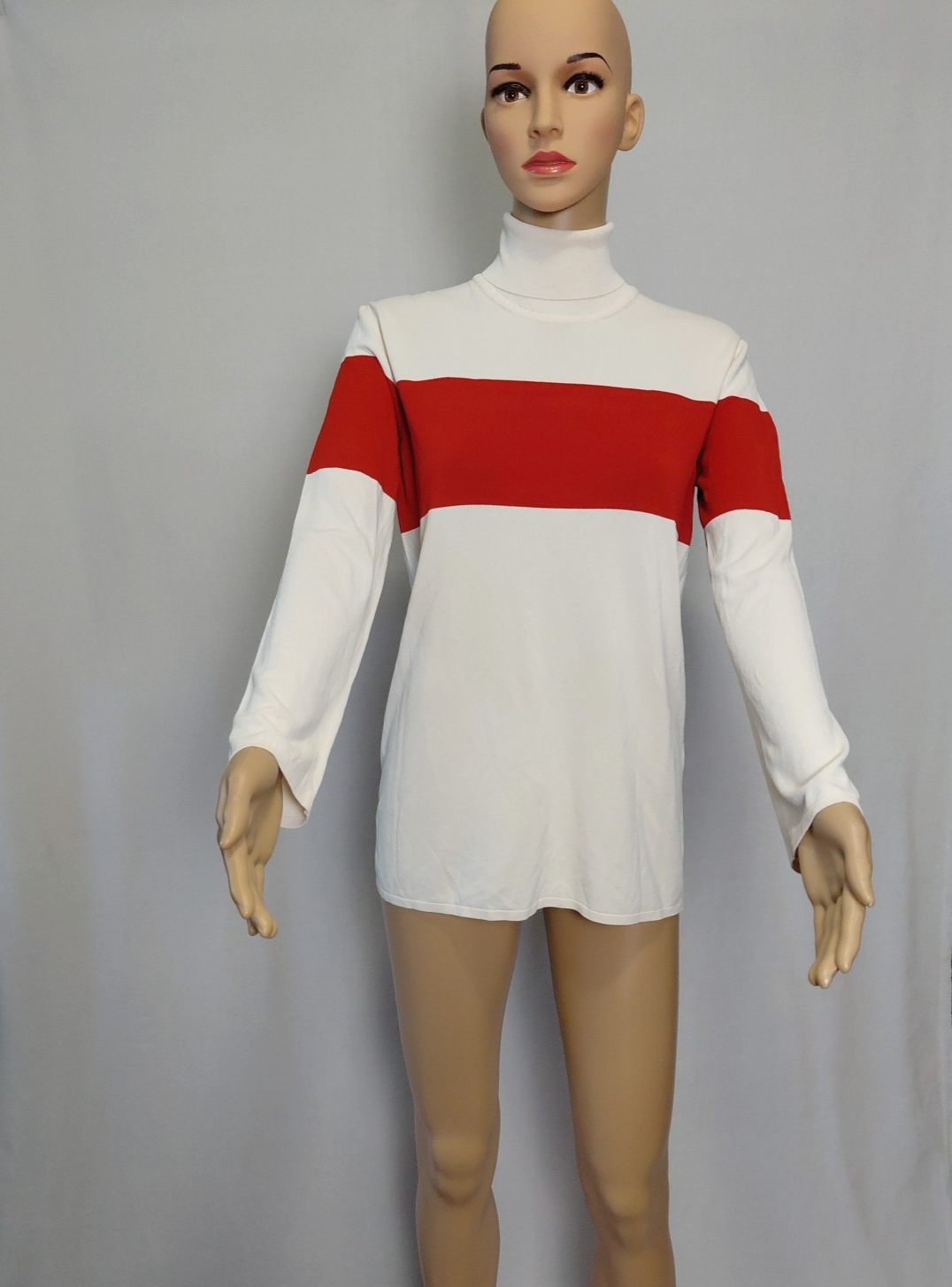 Womens  Hermes Pullover Knit White Cream/Red Scarlet Turtleneck Long Sleeve Sz M