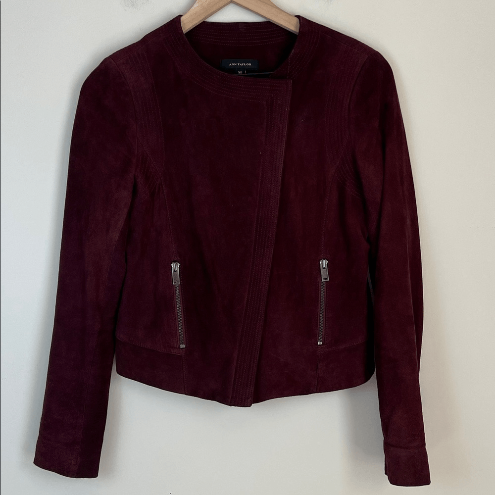 Ann Taylor Suede Genuine Leather Jacket Burgundy Sz XS Biker Moto