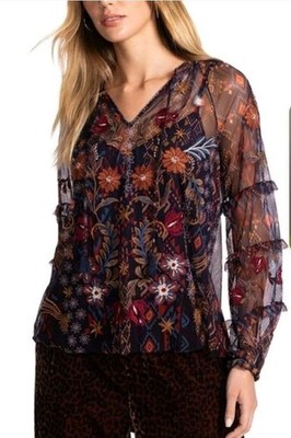 Johnny Was Bohemian Sapphire Mesh Slip Blouse  Size Medium