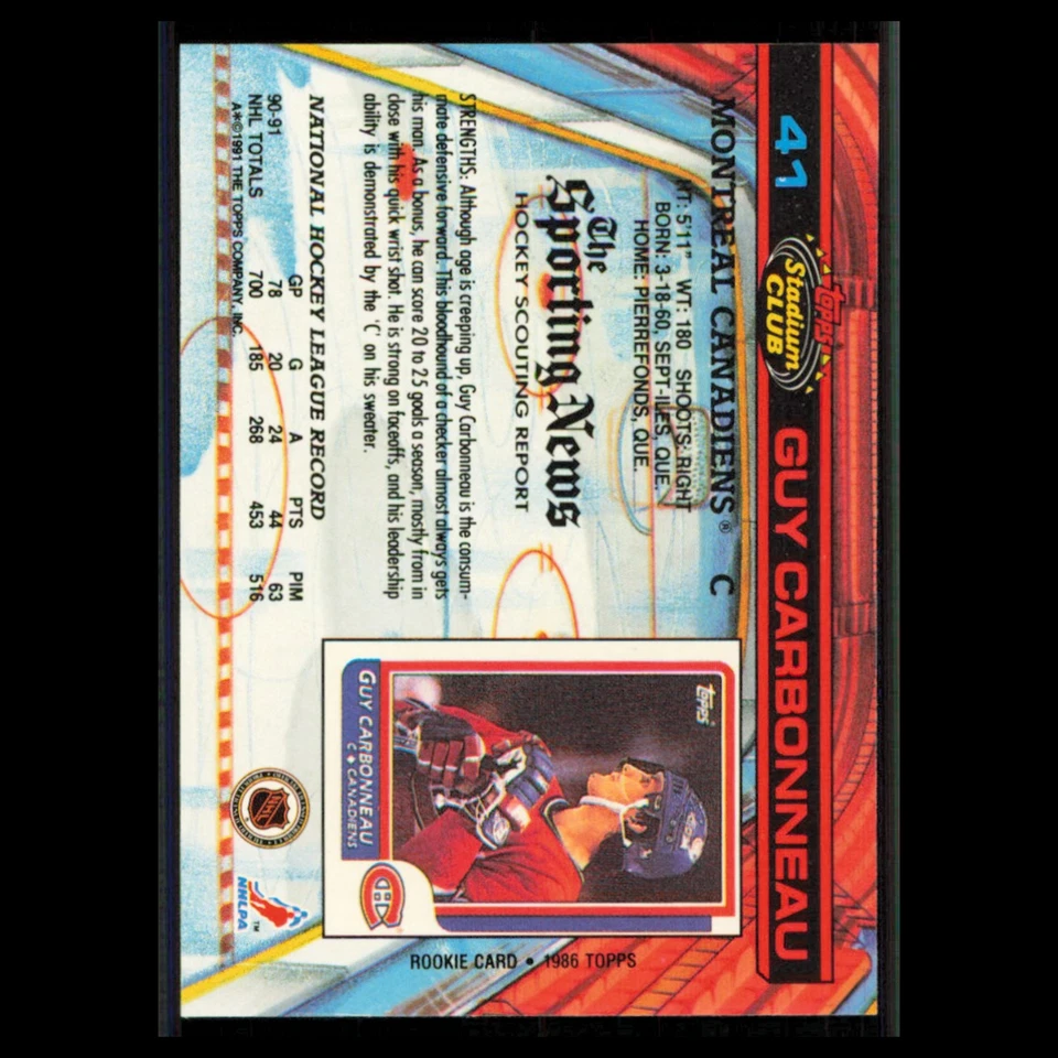 Guy Carbonneau #41 1991 Topps Stadium Club Montreal Canadiens Hockey Card NHL NM - Image 2 of 3