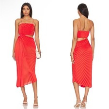 Alice + Olivia Fayeth Pleated Cutout Midi Dress In Chili Pepper Red SIZE 12