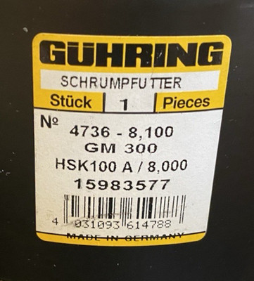 New Guhring HSK100A Shrink Fit End Mill Holder GM300 4736 8.100  15983577