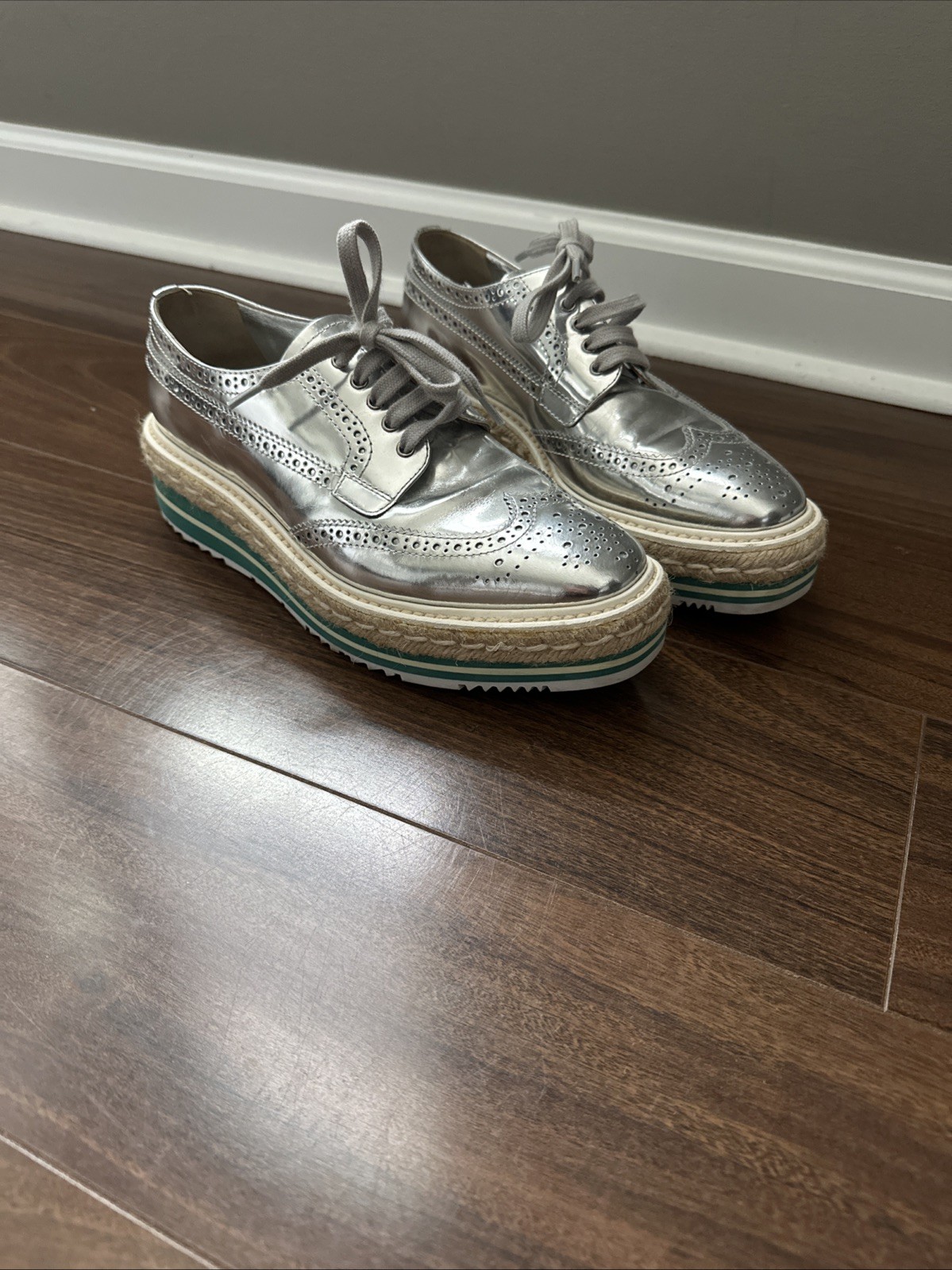 Prada Metallic Silver Platform Brogues with Espad… - image 7